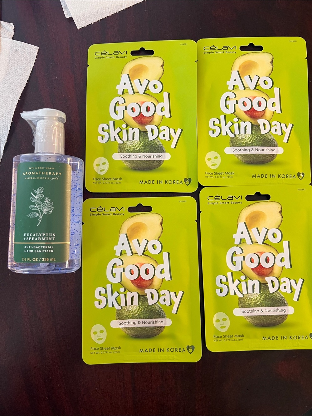 Bath & Body Works hand sanitizer AND Avo Good Skin Day Face Sheet Masks by Celav